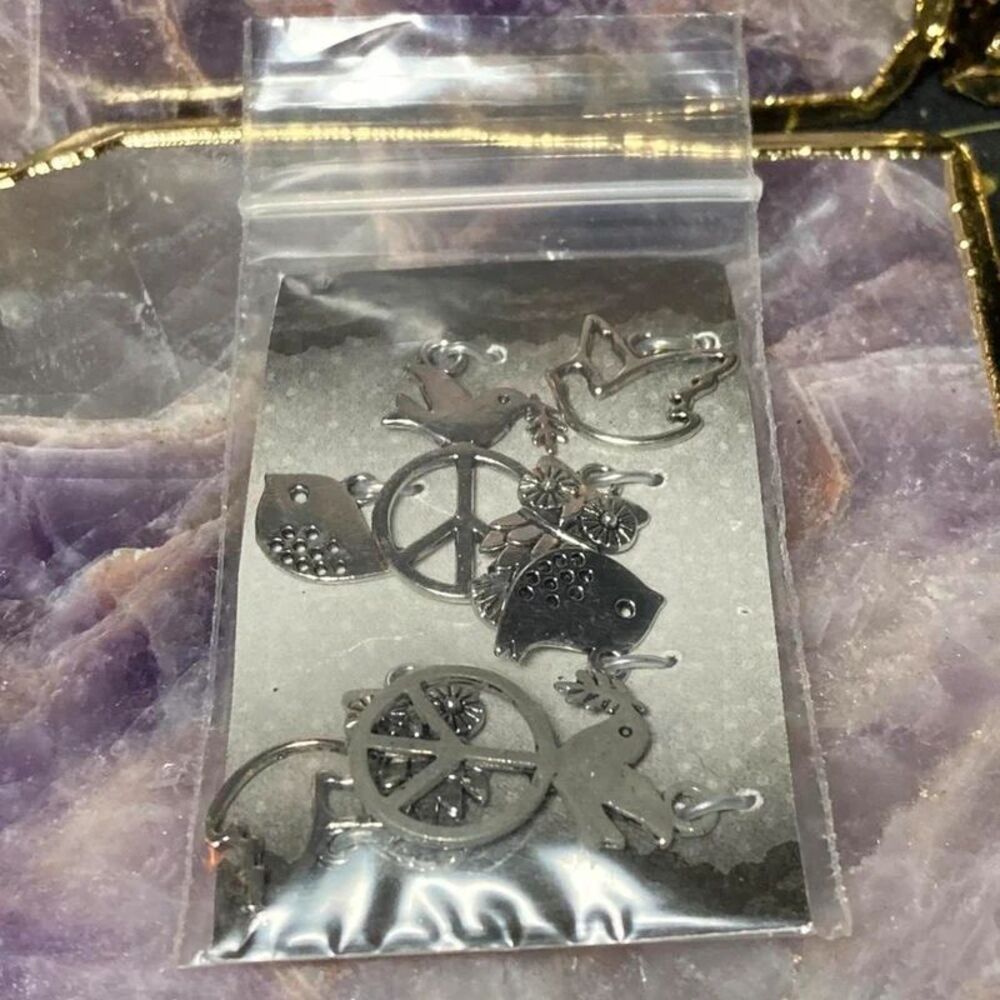 Silver metal charms with peace sign, birds